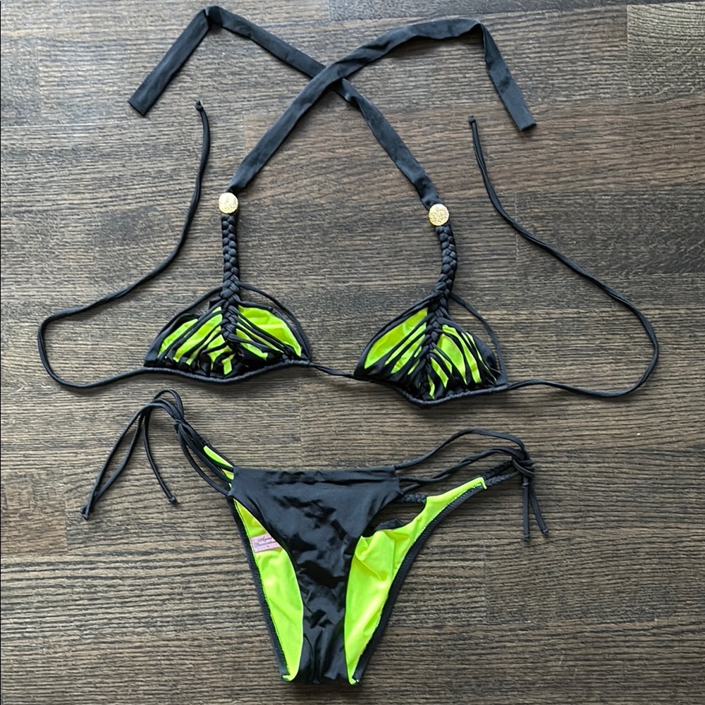 AGENT PROVOCATEUR - BIKINI - SIZE 3 - HAND CRAFTED -BLACK/NEON GREEN - BEAUTIFUL